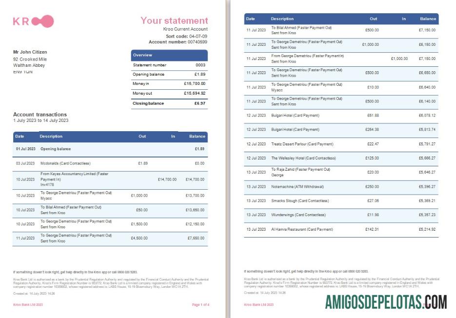 em branco Reino Unido Kroo modelo de extrato bancário Word e PDF, 4 páginas